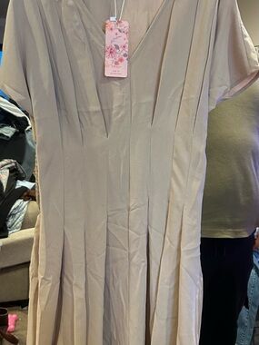 SHEIN Taupe V-Neck Pleated Dress